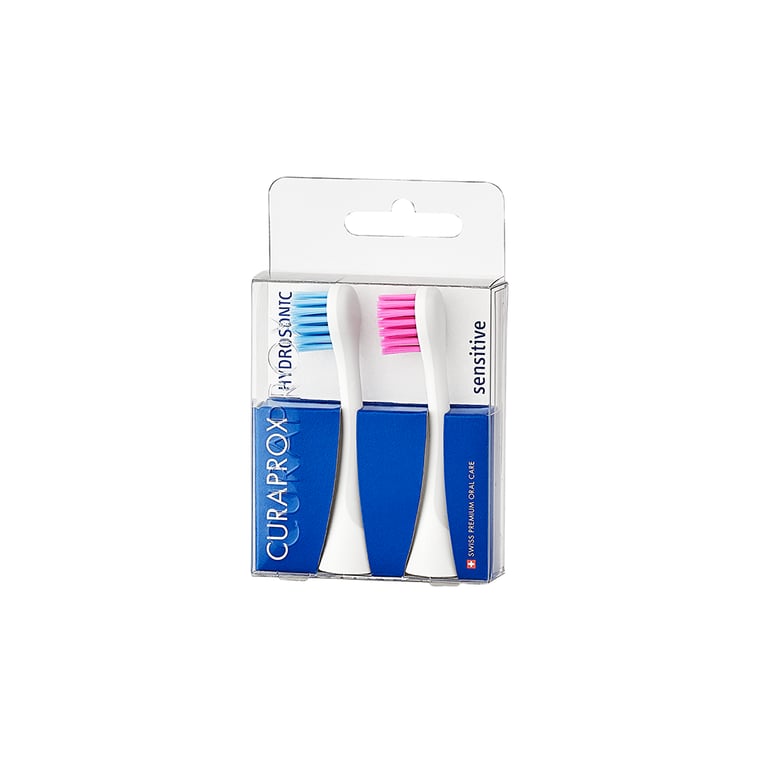 Curaprox Hydrosonic Sensitive Brush Head, Blue/Pink, 2/Pk. Features ultra-soft 0.12mm curen