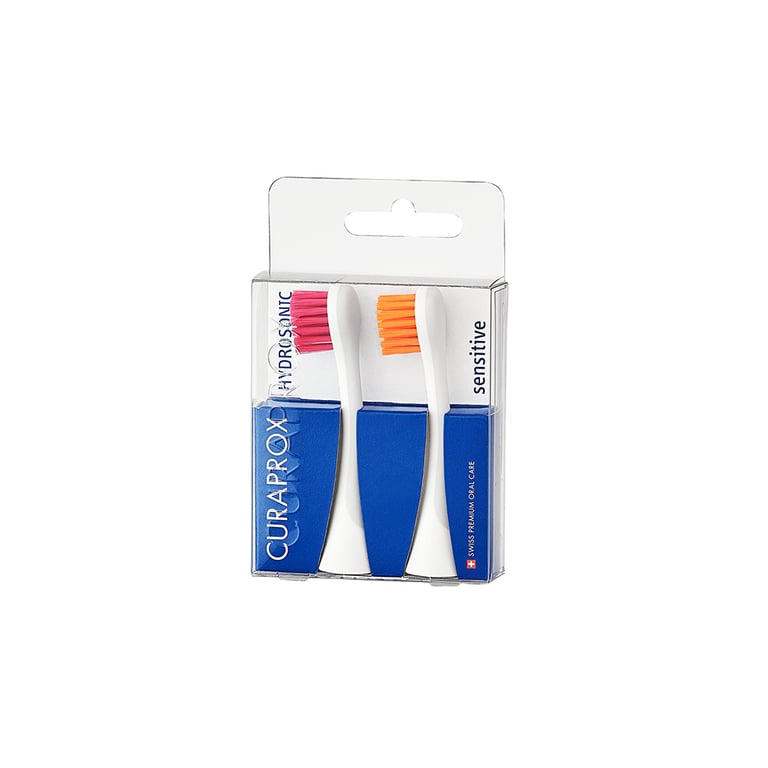 Curaprox Hydrosonic Sensitive Brush Head, Magenta/Orange, 2/Pk. Features ultra-soft 0.12mm curen