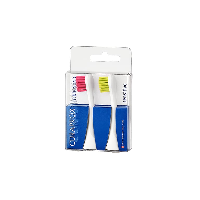Curaprox Hydrosonic Sensitive Brush Head, Magenta/Green, 2/Pk. Features ultra-soft 0.12mm curen