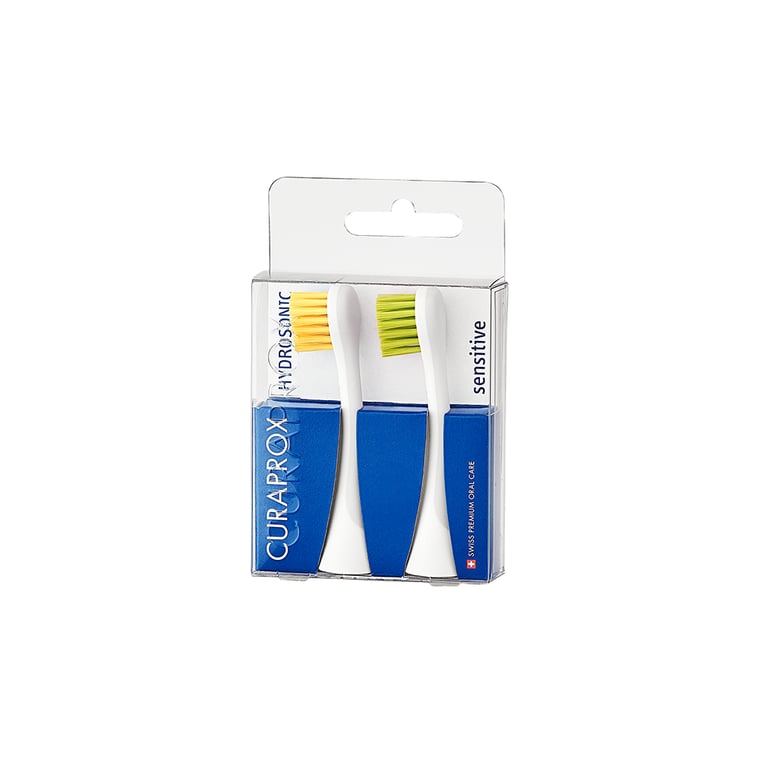 Curaprox Hydrosonic Sensitive Brush Head, Yellow/Green, 2/Pk. Features ultra-soft 0.12mm curen