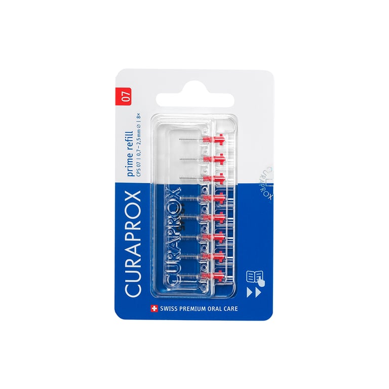 Curaprox CPS 07 Prime Interdental Brush Refill, 0.7 - 2.5mm, Red, 8/Pk. Features ultra-fine