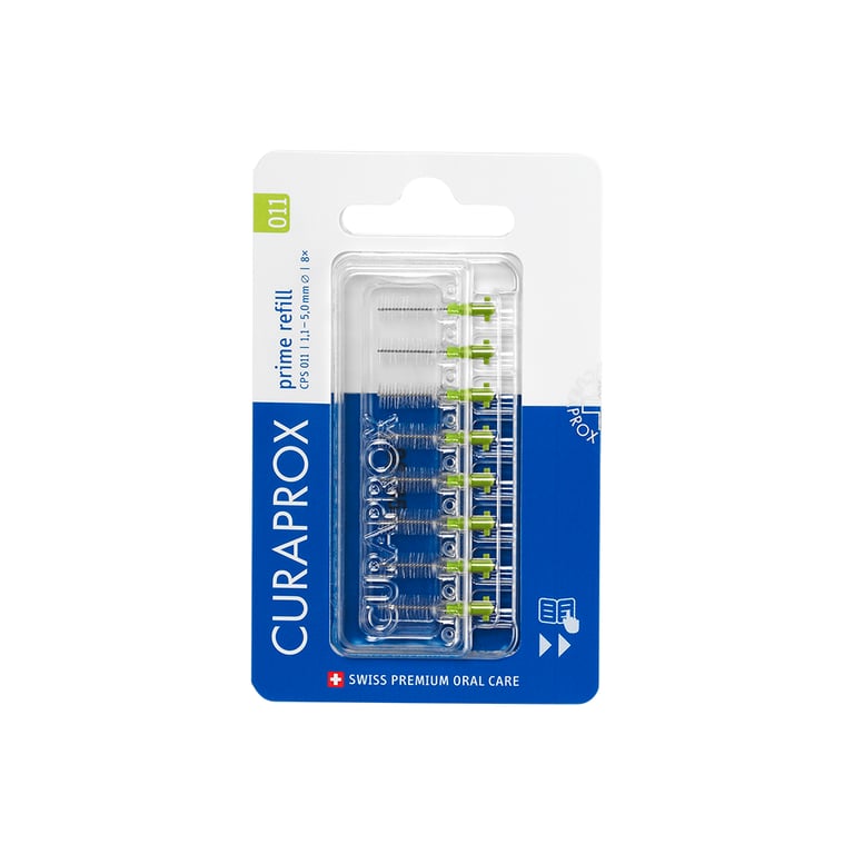 Curaprox CPS 011 Prime Interdental Brush Refill, 1.1 - 5.0mm, Green, 8/Pk. Features flexible