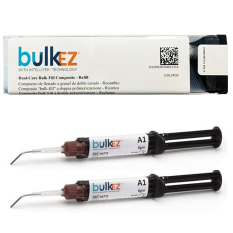 Bulk EZ A1 Refill: 2 x 6g syringes & 12 tips (6 x 17 gauge, 6 x 19 gauge). Dual cure bulk-fill