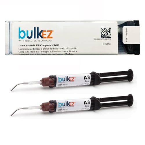 Bulk EZ A3 Refill: 2 x 6g syringes & 12 tips (6 x 17 gauge, 6 x 19 gauge). Dual cure bulk-fill