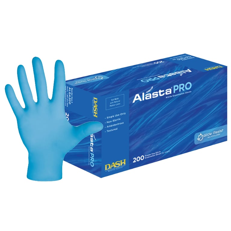 AlastaPro Nitrile Powder-Free Exam Gloves, Large, Blue, 200/Pk. Features Glide Assist water-based