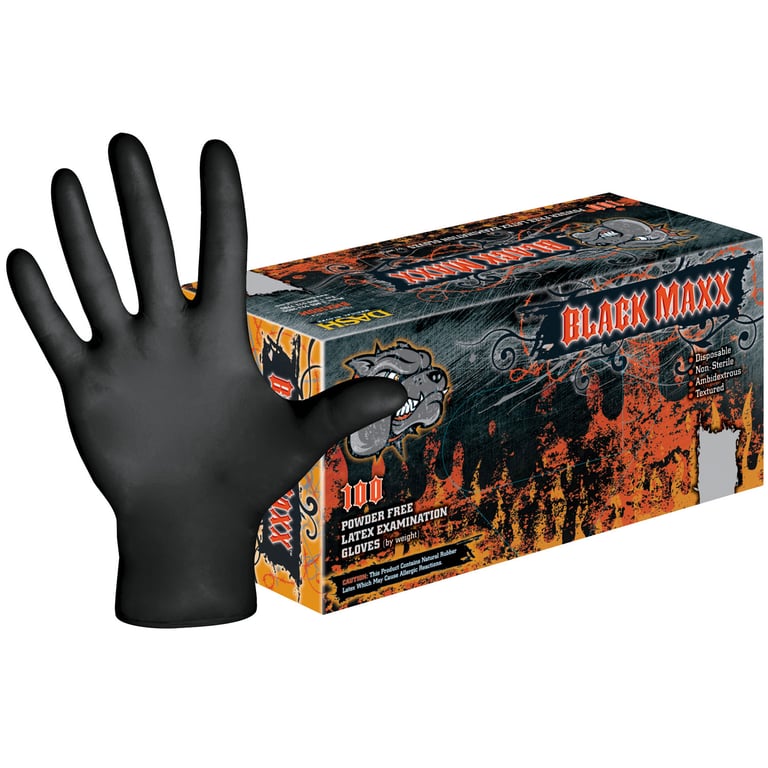 Black Maxx Latex Exam Gloves: Large, Black Color, Powder-free, Fully Textured 100/Bx. Beaded Cuff