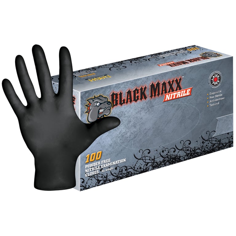 Black Maxx Nitrile Exam Gloves: LARGE Powder-Free 100/Bx. Fully Textured, Non-Sterile, Black