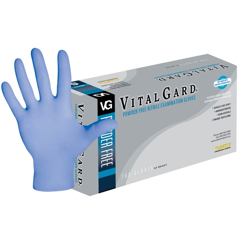 VitalGard Nitrile Gloves: MEDIUM Powder Free 100/Bx. Textured, Non-Sterile, Blue