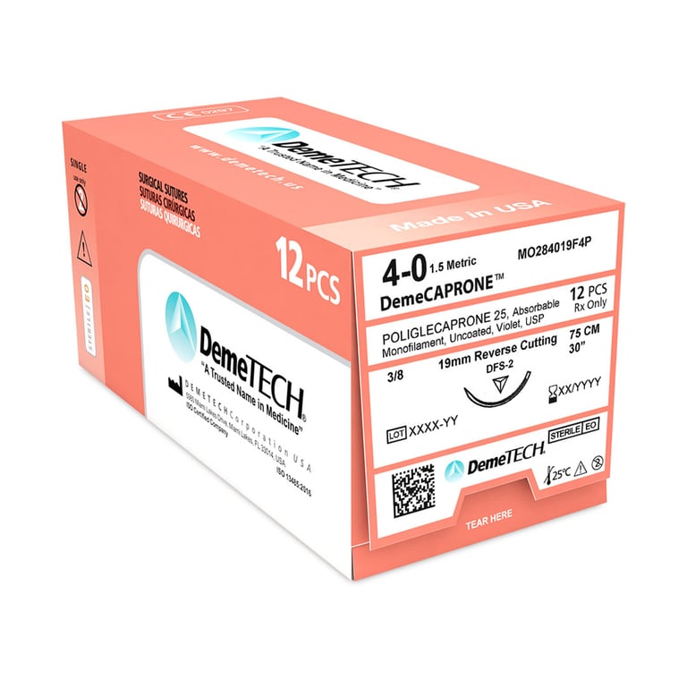 DemeCAPRONE 4/0 Poliglecaprone 25 Absorbable Suture, 30", Violet, 12/Box. Reverse cutting DFS-2