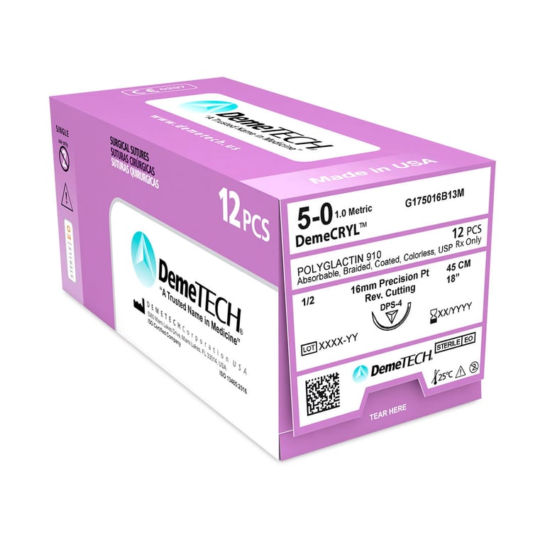 DemeCRYL 5/0 Polyglactin 910 Absorbable Suture, 18", Colorless, 12/Box. Precision Point Reverse