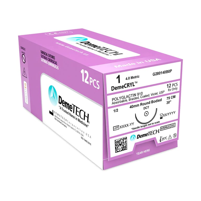 DemeCRYL 1 Polyglactin 910 Absorbable Suture, 30", Violet, 12/Box. Round Bodied DCT Needle