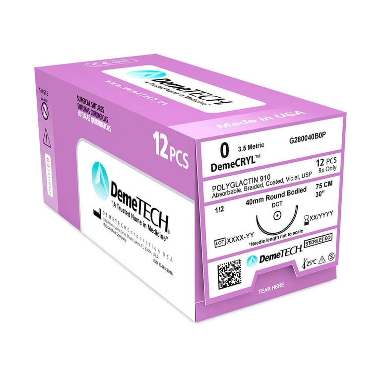 DemeCRYL 4/0 Polyglactin 910 Absorbable Suture, 30", Violet, 12/Box. Round Bodied DRB-1 Needle