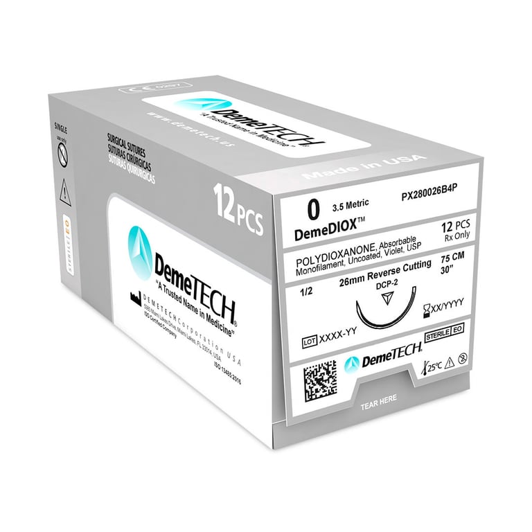 DemeDIOX 0 Polydioxanone Absorbable Suture, 30", Violet, 12/Box. Reverse Cutting DCP-2 Needle