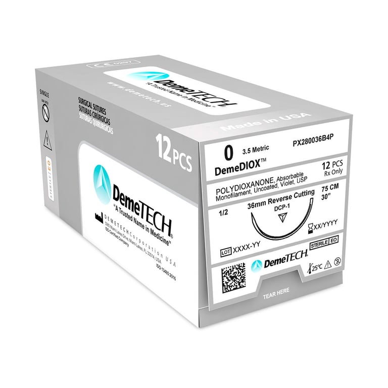 DemeDIOX 0 Polydioxanone Absorbable Suture, 30", Violet, 12/Box. Reverse Cutting DCP-1 Needle