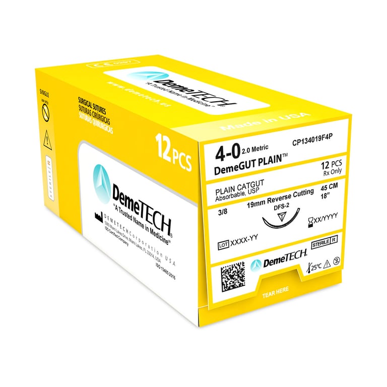 DemeGUT PLAIN 4/0, 18" (45cm) Plain Catgut, Absorbable, Beige Suture, 12/Box. Reverse cutting