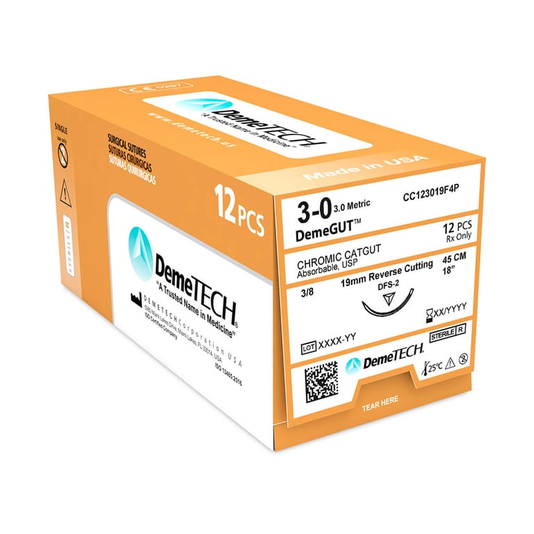 DemeGUT 3/0 Chromic Catgut Absorbable Suture, 18", Brown, 12/Box. Reverse Cutting DFS-2 Needle
