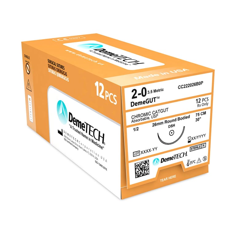 DemeGUT 2/0 Chromic CatGut Absorbable Suture, 30", Brown, 12/Box. Round Bodied DSH Needle