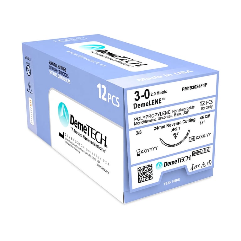 DemeLENE 3/0 Polypropylene Non-Absorbable Suture, 18", Blue, 12/Box. Reverse Cutting DFS-1 Needle