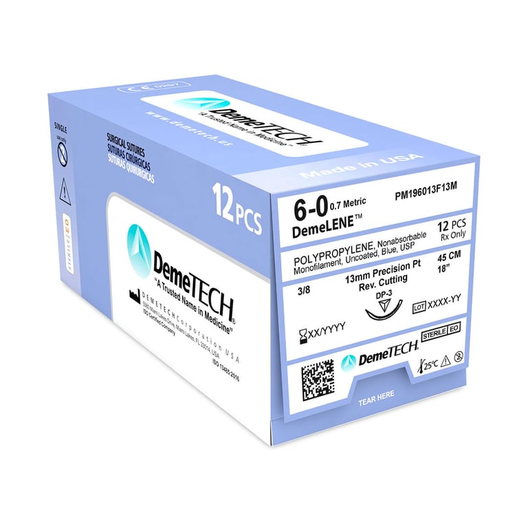 DemeLENE 6/0 Polypropylene Non-Absorbable Suture, 18", Blue, 12/Box. Precision point