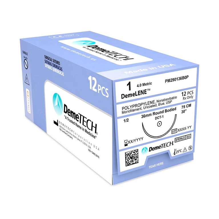 DemeLENE 1 Polypropylene Non-Absorbable Suture, 30", Blue, 12/Box. Round Bodied DCT-1 Needle