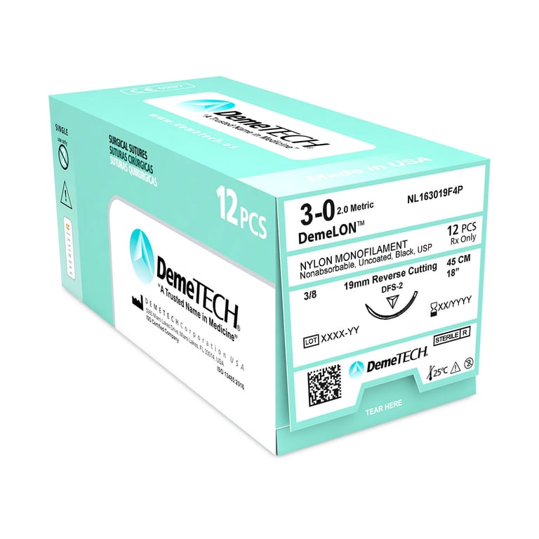DemeLON 3/0, 18" (45 cm) Nylon Monofilament Black Suture, Reverse Cutting DFS-2 Needle, 12/Box