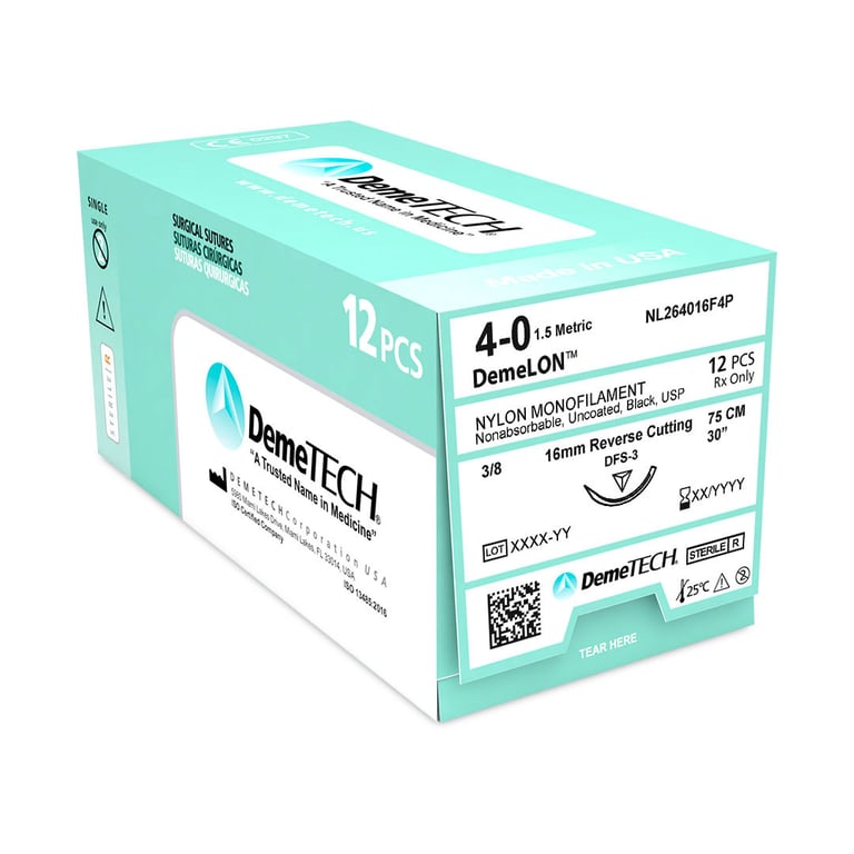 DemeLON 4/0, 30" (75 cm) Nylon Monofilament Black Suture, Reverse Cutting DFS-3 Needle, 12/Box