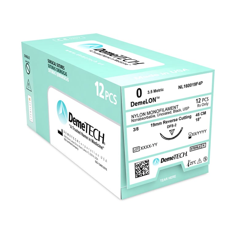 DemeLON 0, 18" (45 cm) Nylon Monofilament Black Suture, Reverse Cutting DFS-2 Needle, 12/Box. 3/8
