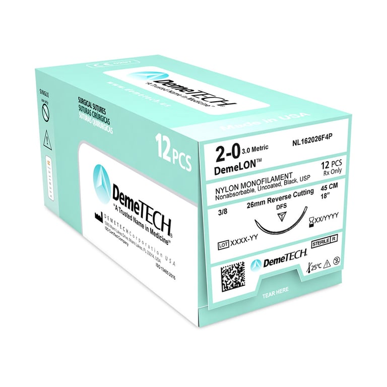 DemeLON 2/0, 18" (45 cm) Nylon Monofilament Black Suture, Reverse Cutting DFS Needle, 12/Box. 3/8