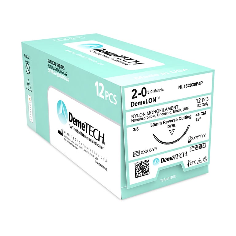 DemeLON 2/0, 18" (45 cm) Nylon Monofilament Black Suture, Reverse Cutting DFSL Needle, 12/Box. 3/8