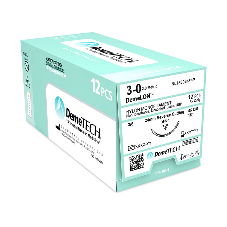 DemeLON 3/0, 18" (45 cm) Nylon Monofilament Black Suture, Reverse Cutting DFS-1 Needle, 12/Box