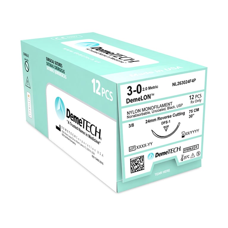 DemeLON 3/0, 30" (75 cm) Nylon Monofilament Black Suture, Reverse Cutting DFS-1 Needle, 12/Box