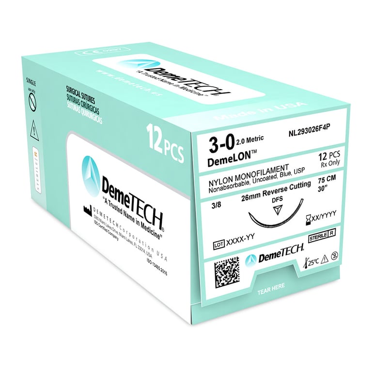 DemeLON 3/0, 30" (75 cm) Nylon Monofilament Blue Suture, DFS Reverse Cutting Needle, 12/Box. 3/8