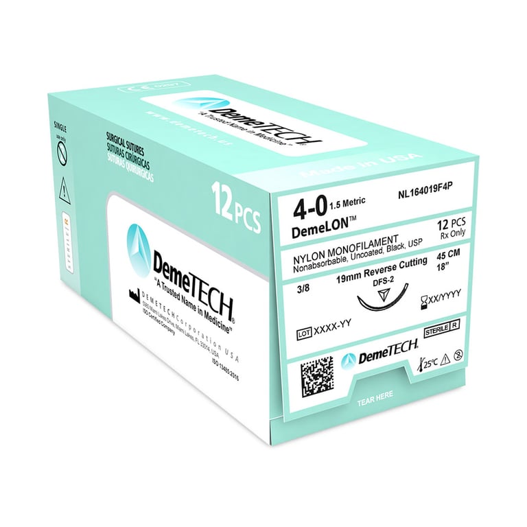 DemeLON 4/0, 18" (45 cm) Nylon Monofilament Black Suture, Reverse Cutting DFS-2 Needle, 12/Box