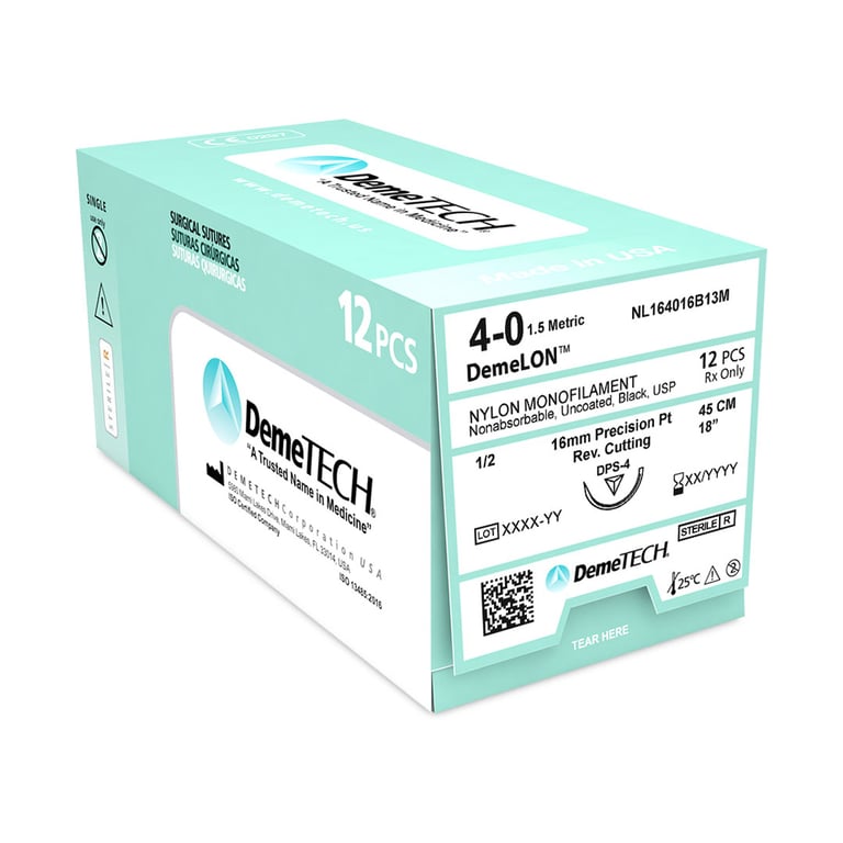 DemeLON 4/0, 18" (45 cm) Nylon Monofilament Black Suture, Reverse Cutting DPS-4 Needle, 12/Box
