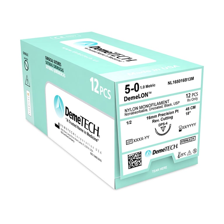 DemeLON 5/0, 18" (45 cm) Nylon Monofilament Black Suture, Reverse Cutting DPS-4 Needle, 12/Box