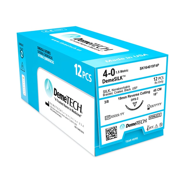 DemeSILK 4/0, 18" (45 cm) Silk Black Suture, DFS-2 Reverse Cutting Needle, 12/Box. 3/8 Circle 19mm