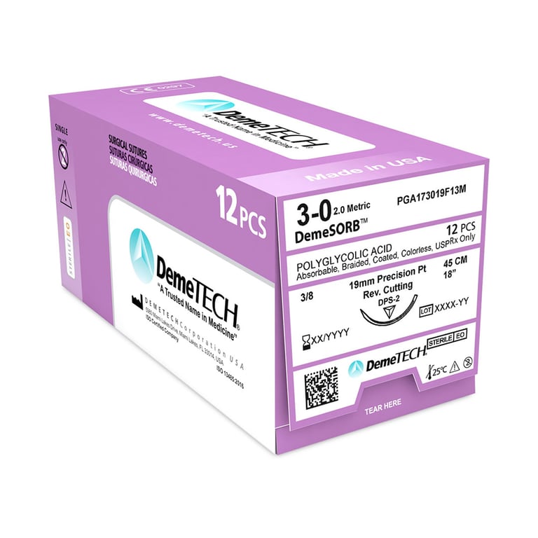 DemeSORB 3/0, 18" (45 cm) Polyglycolic Acid Clear Suture, DFS-2 Reverse Cutting Needle, 12/Box