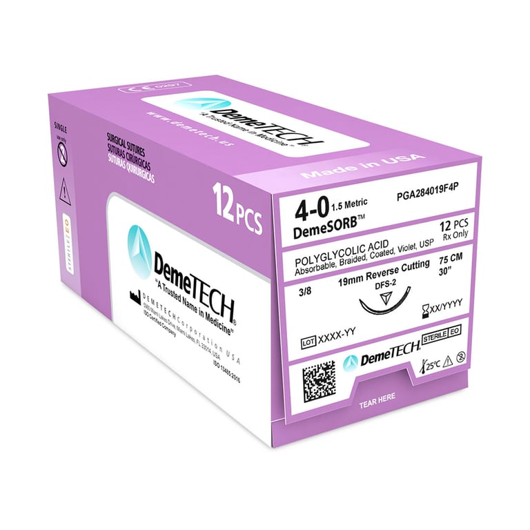 DemeSORB 4/0, 30" (75 cm) Polyglycolic Absorbable Braided, Coated, Purple, Synthetic, 12/Box