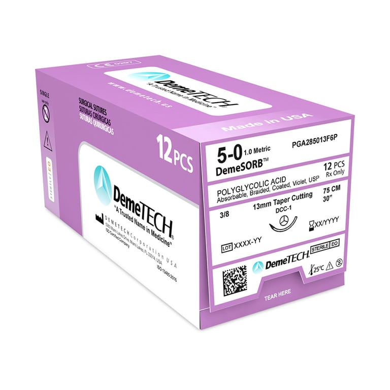 DemeSORB 5/0, 30" (75 cm) Polyglycolic Acid Violet Suture, DCC-1 Taper Cutting Needle, 12/Box. 3/8