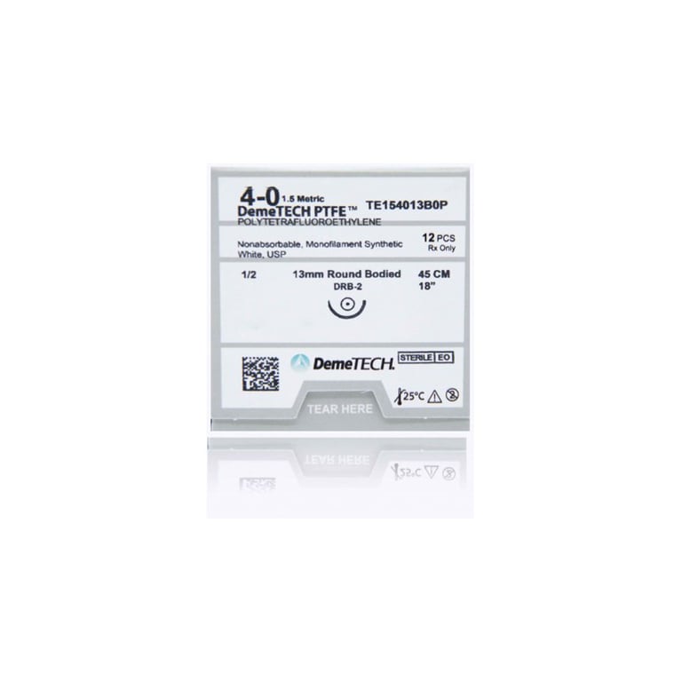 DemeTECH PTFE 4/0, 18" (45 cm) PTFE, Non-absorbable, White Suture, 12/Box. Round bodied DRB-2