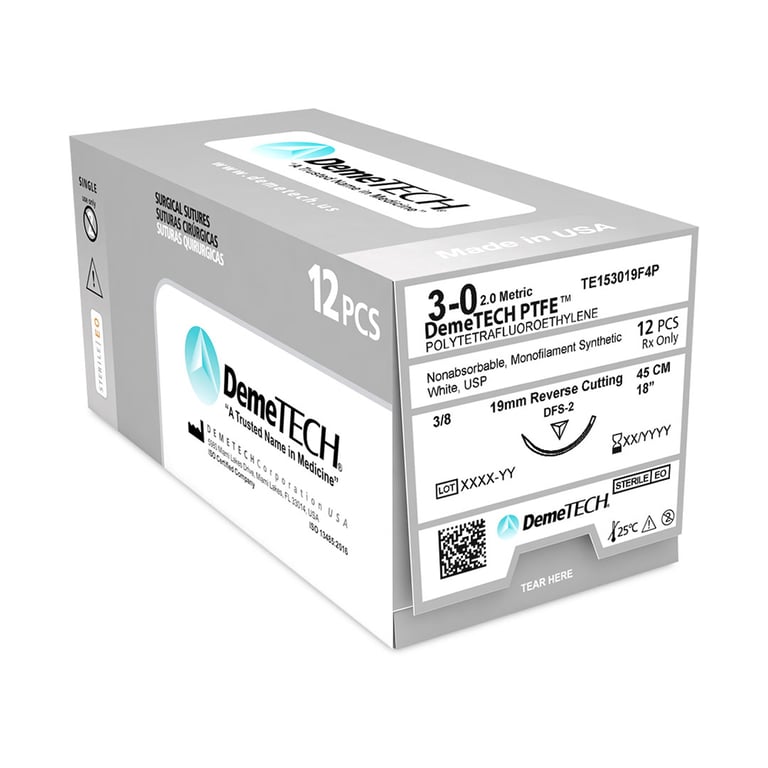 DemeTECH PTFE 3/0, 18" (45 cm) PTFE, Non-absorbable, White Suture, 12/Box. Reverse cutting DFS-2