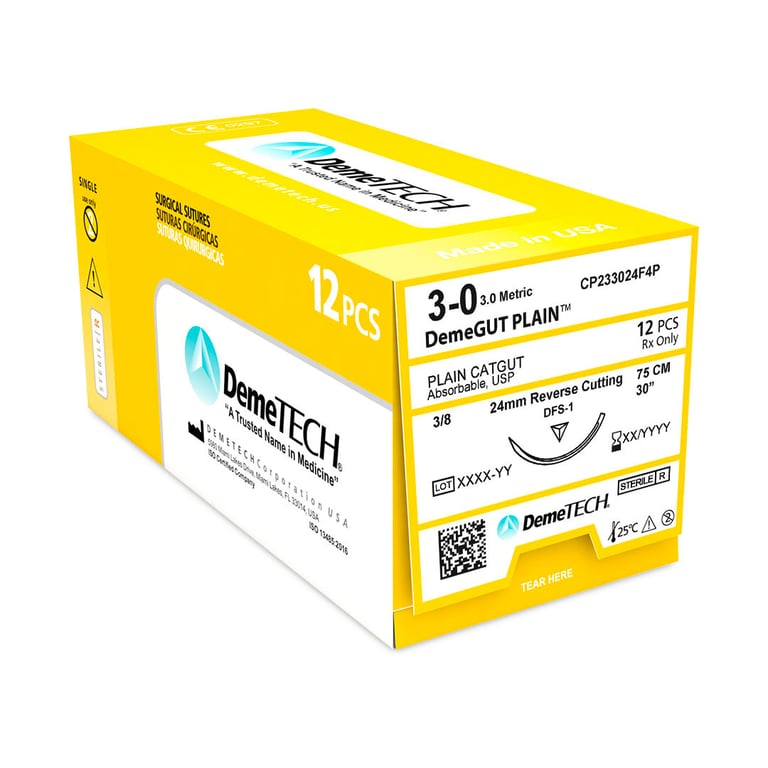 DemeGUT PLAIN 3/0, 30" (75 cm) Plain Catgut, Absorbable Beige Suture, 12/Box. Reverse cutting