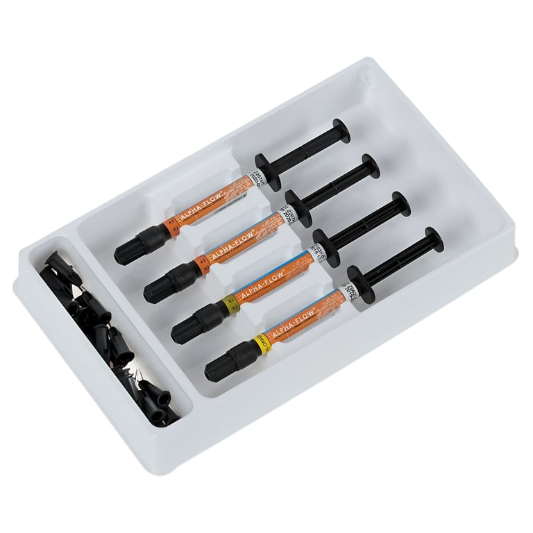 Alpha-Flow Light Cure Micro Hybrid Composite, Shade UO, 4 x 2gm Syringe Kit. Features