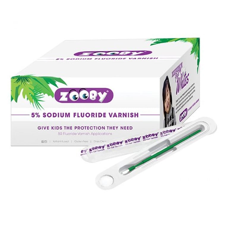Zooby 5% Sodium Fluoride White Varnish, Grape, 50/Box. Made with xylitol. Designed to give kids