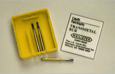 Transmetal FG 19 mm carbide endodontic bur, designed to remove old amalgam filling or to cut