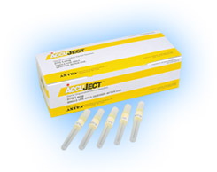 Accuject 30 gauge Short (.75") sterile disposable BLUE plastic hub needles, 100/box