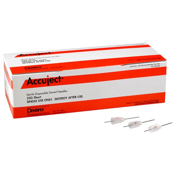 Accuject 25 Gauge Short Needle, Red Plastic Hub, 100/Box. Disposable, Sterile, Red dot bevel