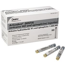 Articadent Articaine HCl 4% with Epinephrine 1:200,000. Box of 50 - 1.7 mL Cartridges