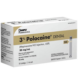 Polocaine Mepivacaine 3% Local Anesthetic PLAIN, Box of 50 - 1.7 mL Cartridges. **Anesthetics are