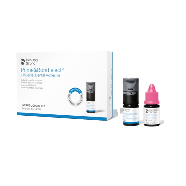 Prime & Bond elect Intro Kit. Includes: 1 Prime&Bond Elect Bottle (5mL), 1 Caulk 34% Tooth
